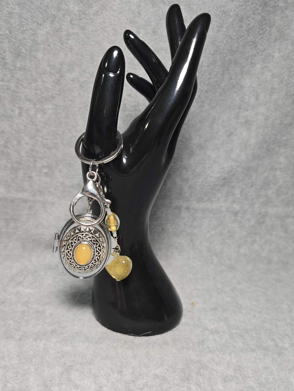 Hand Crafted Silver Tone Key Holder/Bag Charm with Yellow Stone Accents